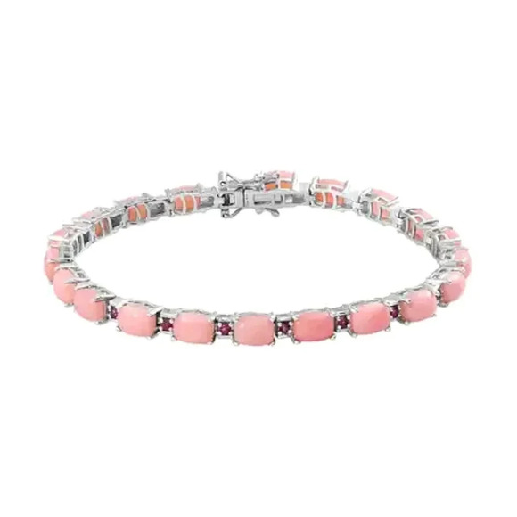 Peruvian Pink Opal & Orissa Rhodolite Garnet Tennis Link Style Bracelet. - Picture 3 of 11